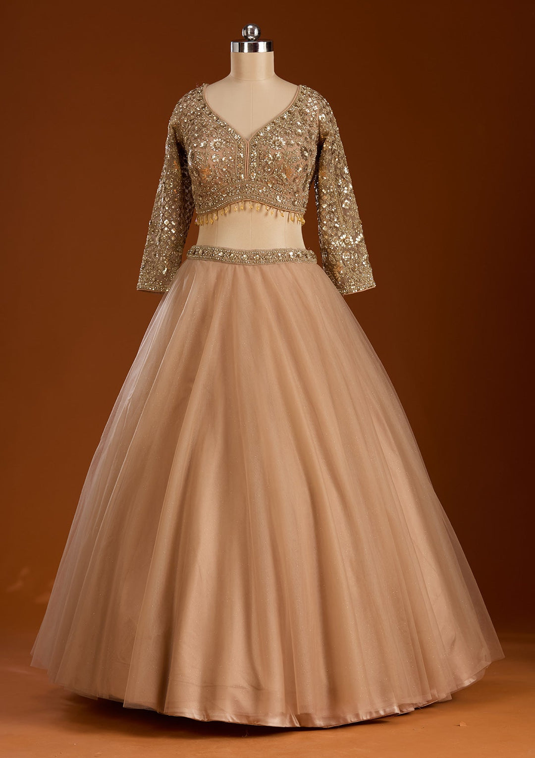 Beige Sequins Net Readymade Lehenga-koskii