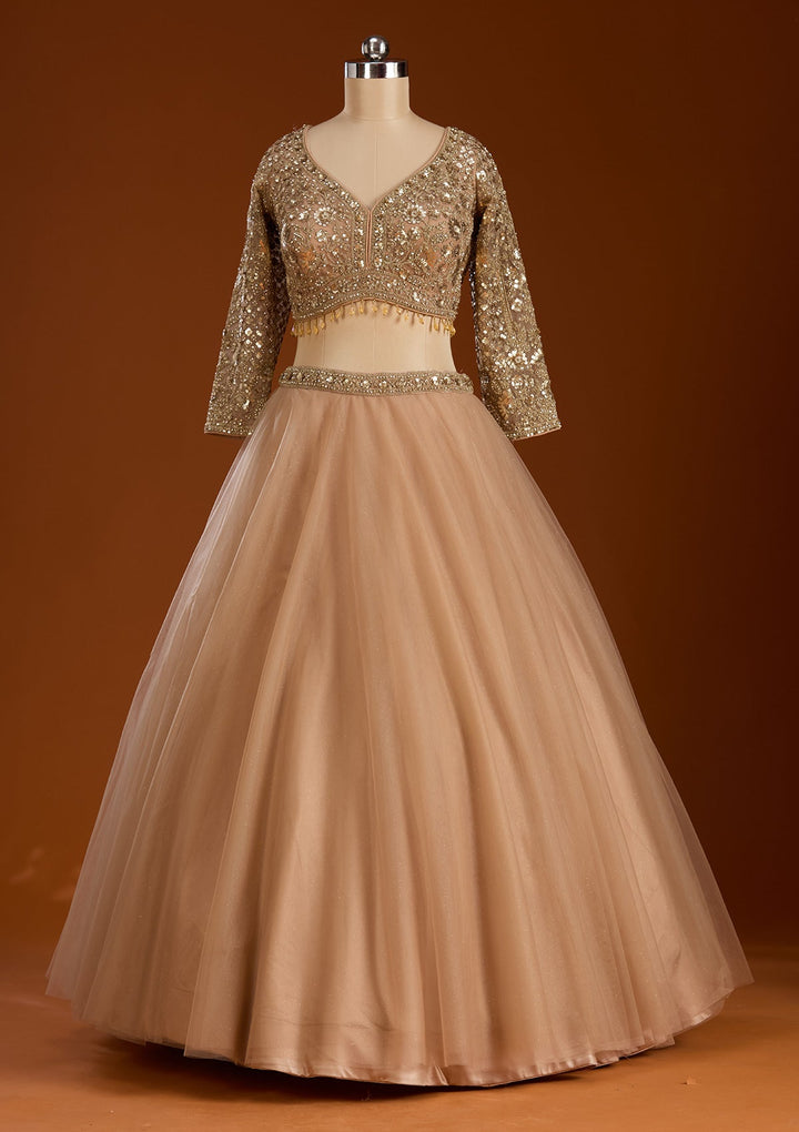Beige Sequins Net Readymade Lehenga-koskii