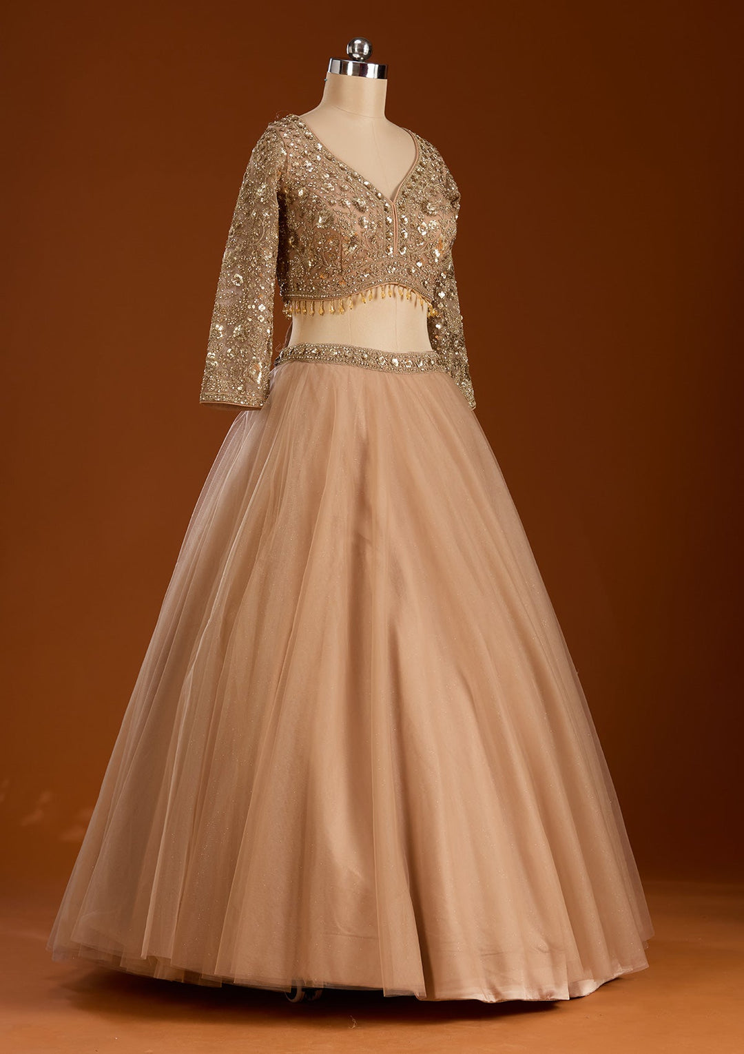 Beige Sequins Net Readymade Lehenga-koskii