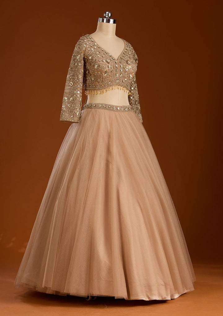 Beige Sequins Net Readymade Lehenga-koskii