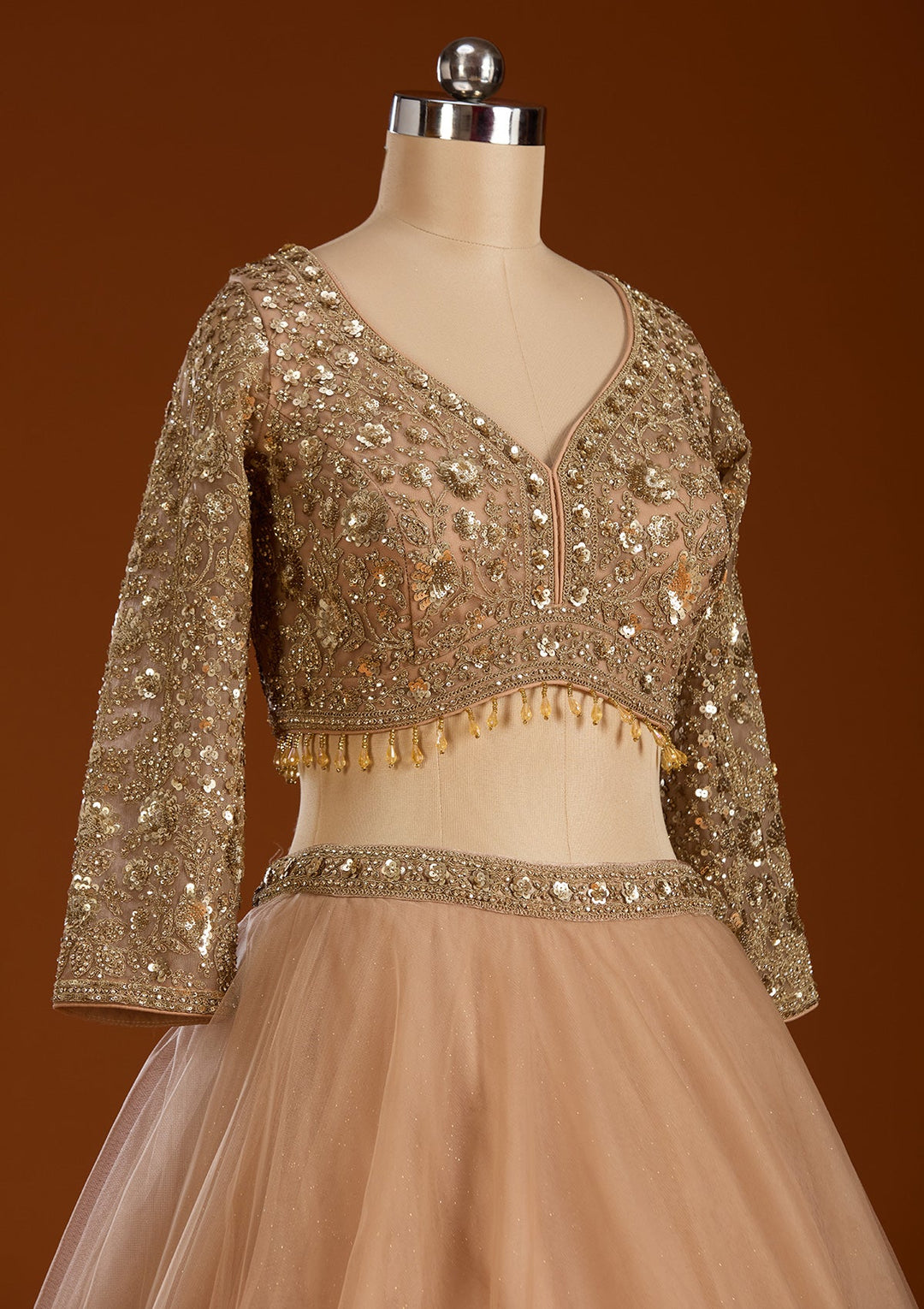 Beige Sequins Net Readymade Lehenga-koskii