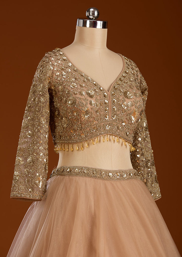 Beige Sequins Net Readymade Lehenga-koskii
