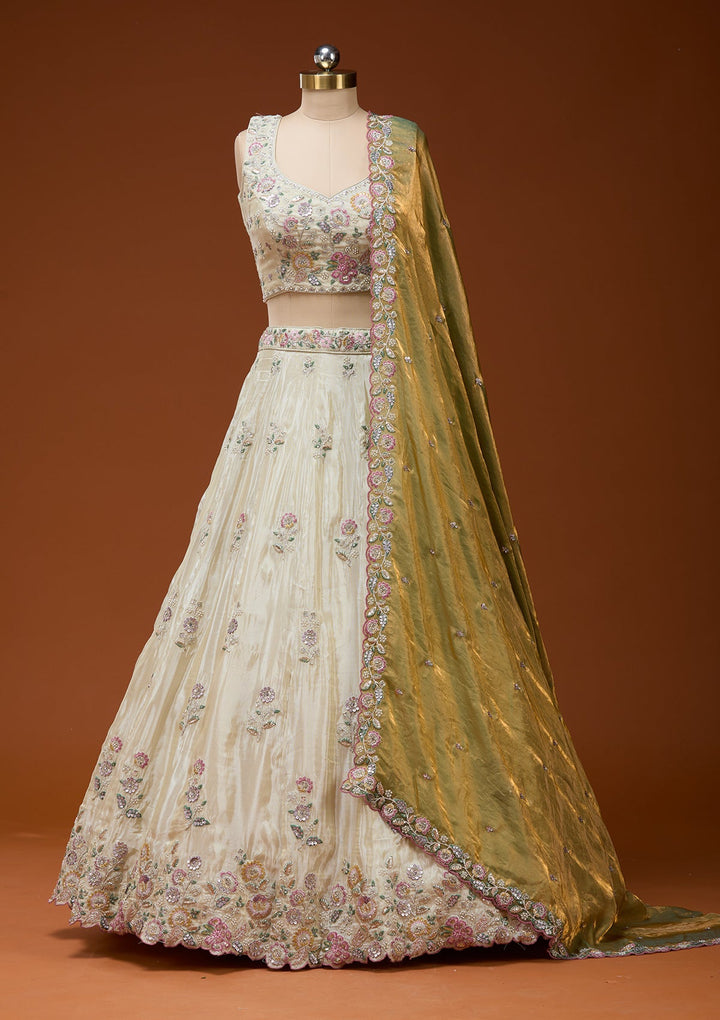 Cream Cording Tissue Readymade Lehenga_Koskii