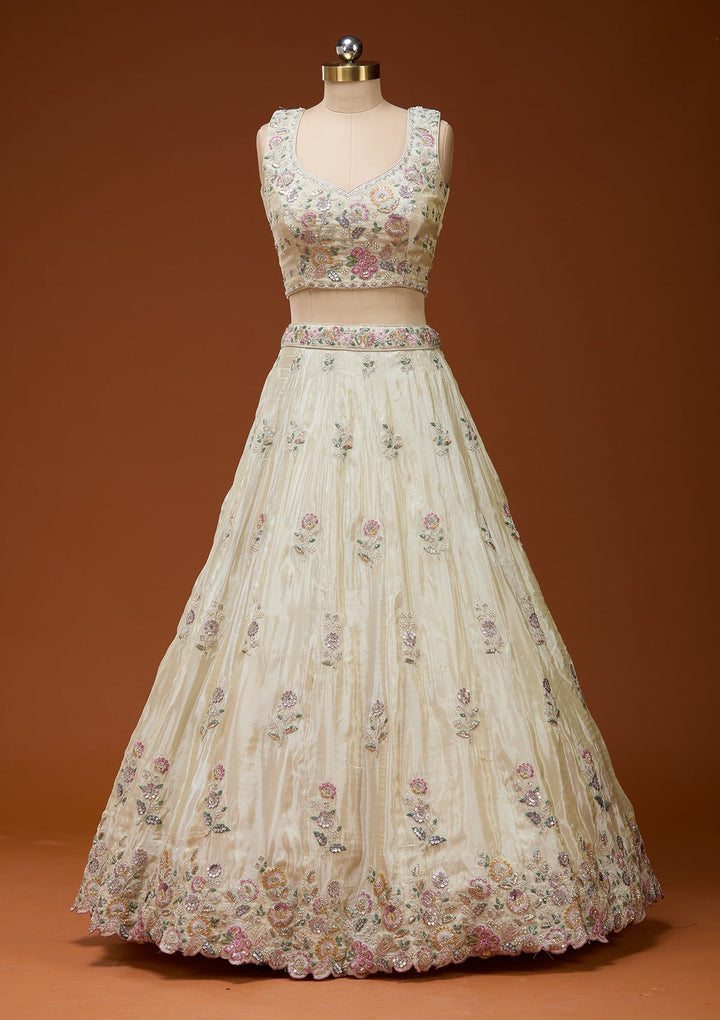 Cream Cording Tissue Readymade Lehenga_Koskii