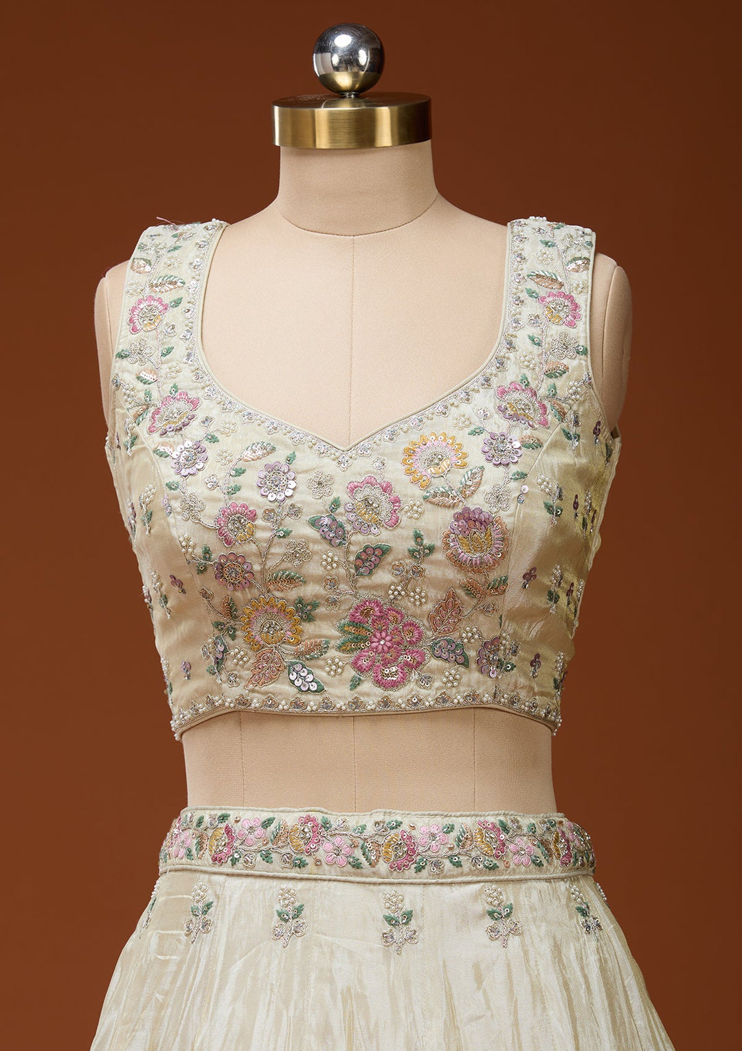 Cream Cording Tissue Readymade Lehenga_Koskii