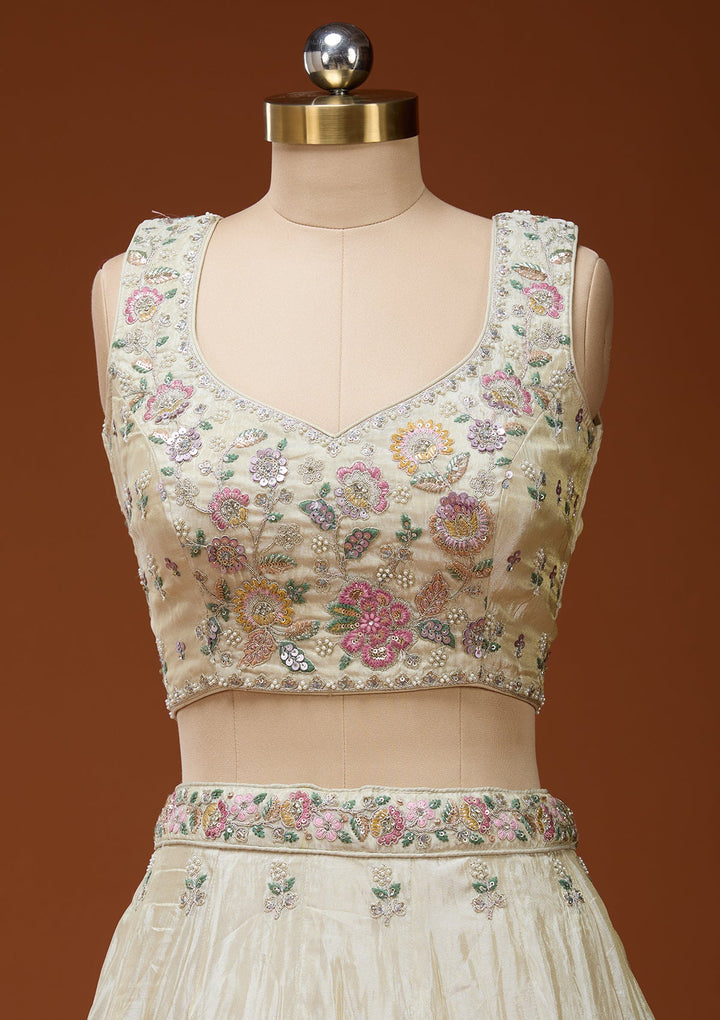 Cream Cording Tissue Readymade Lehenga_Koskii