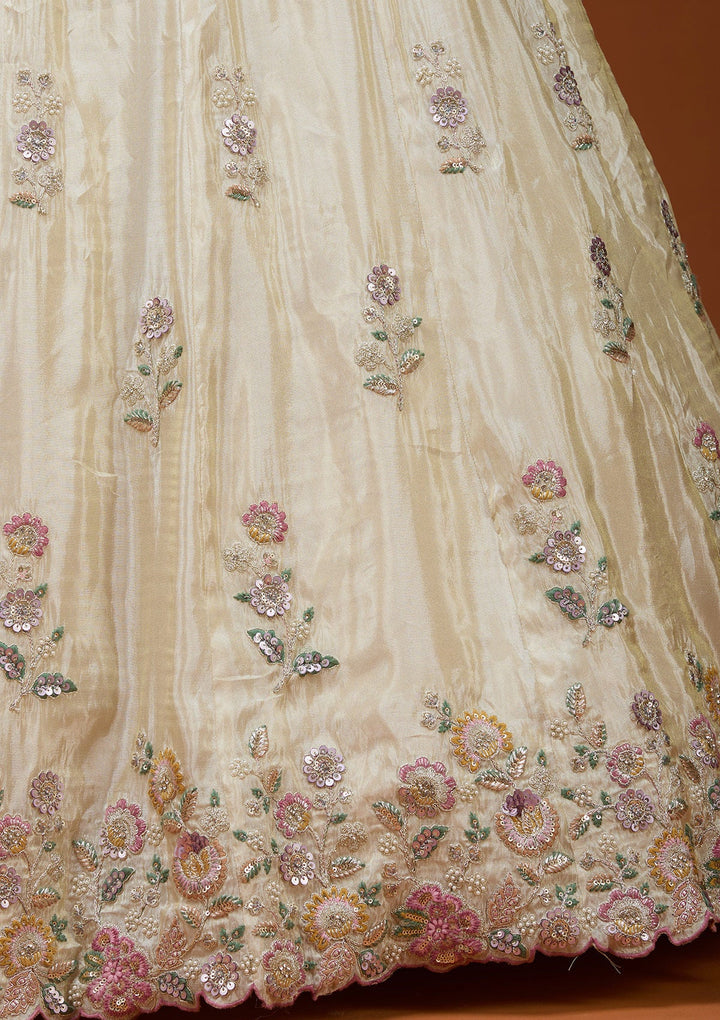 Cream Cording Tissue Readymade Lehenga_Koskii