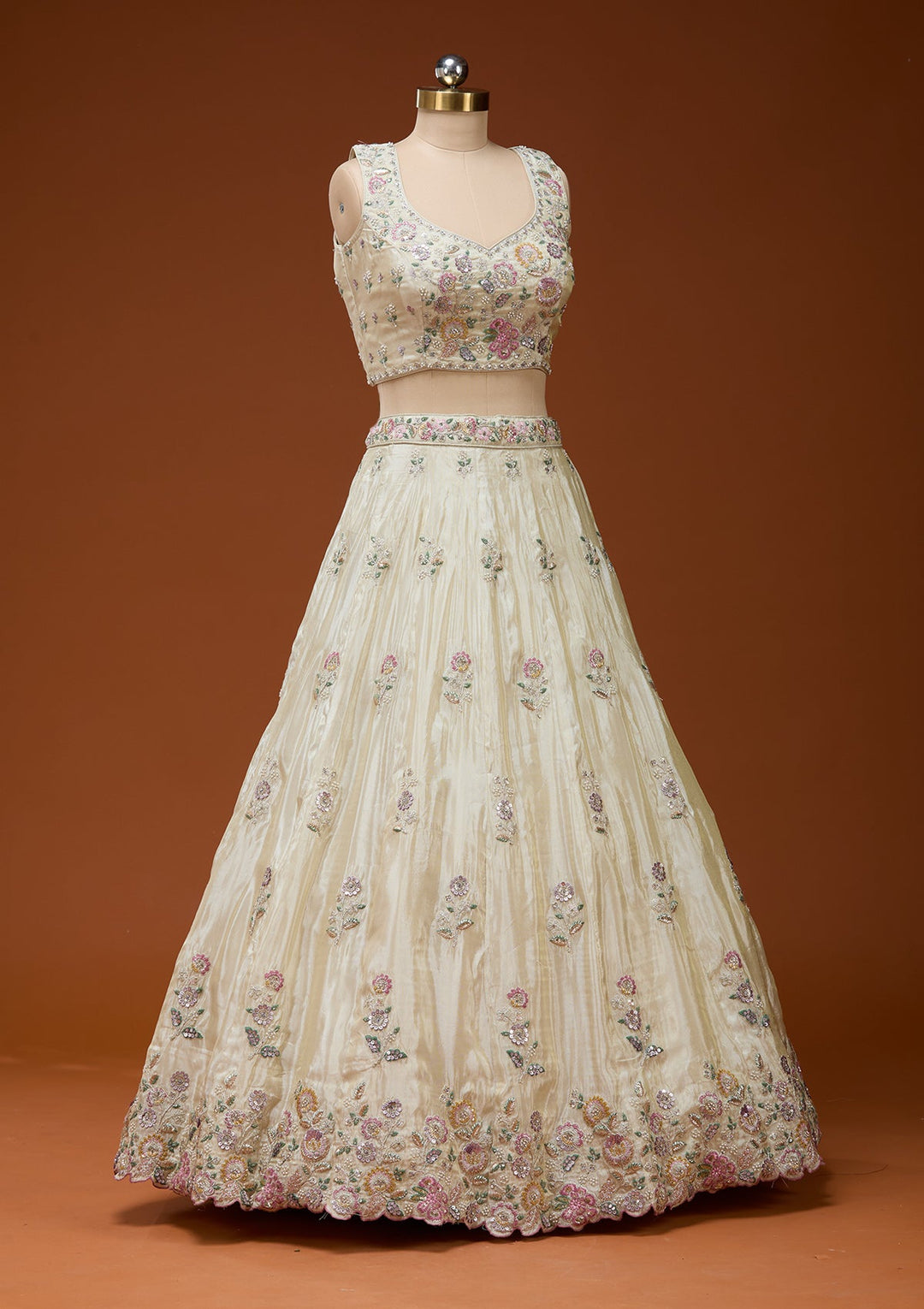 Cream Cording Tissue Readymade Lehenga_Koskii