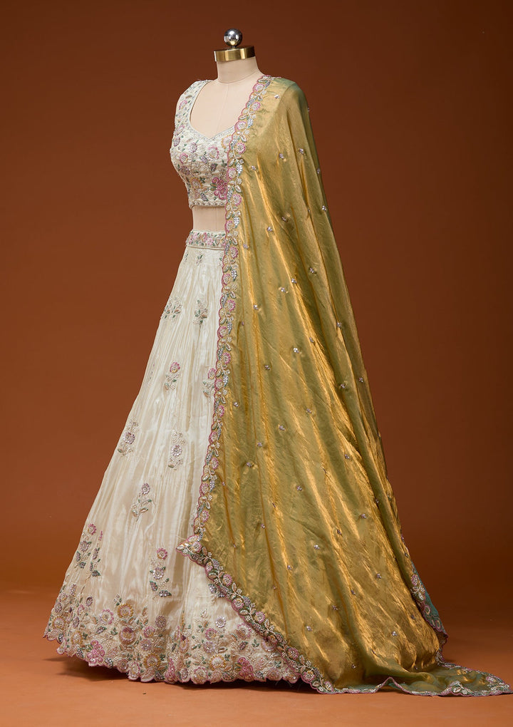 Cream Cording Tissue Readymade Lehenga_Koskii