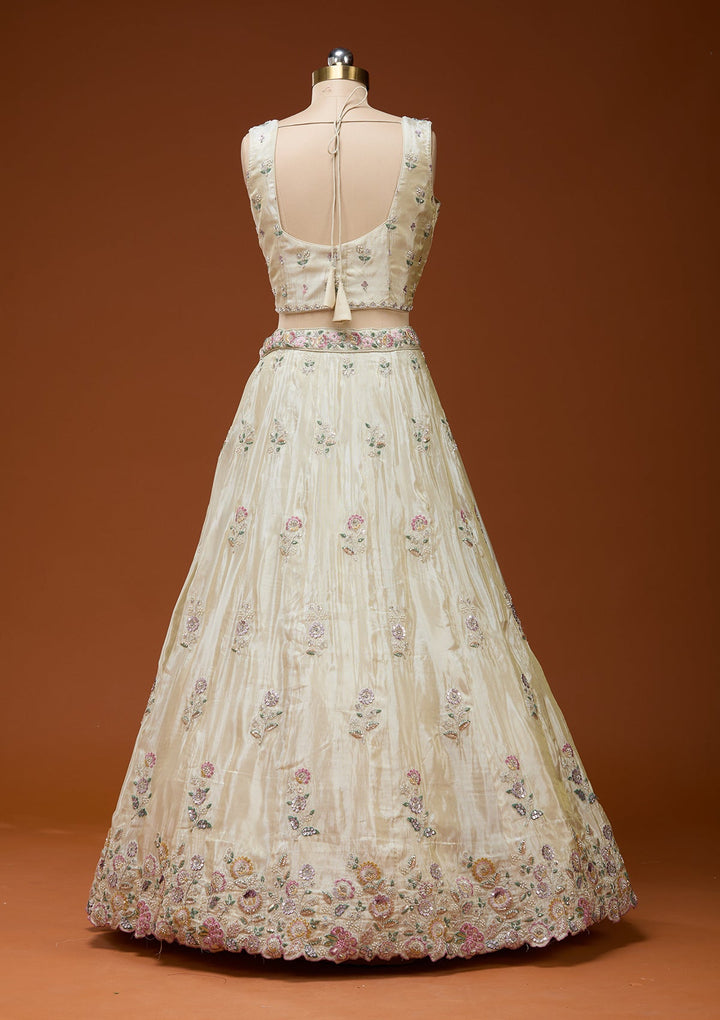 Cream Cording Tissue Readymade Lehenga_Koskii