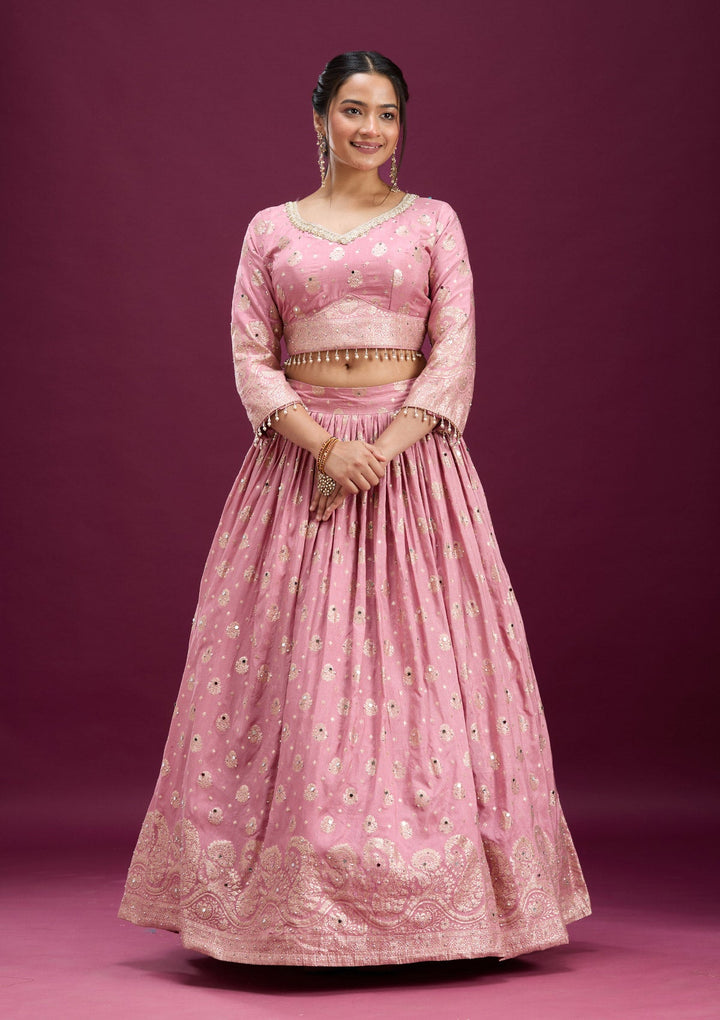 Pink Mirrorwork Soft Raw Silk Readymade Lehenga-Koskii