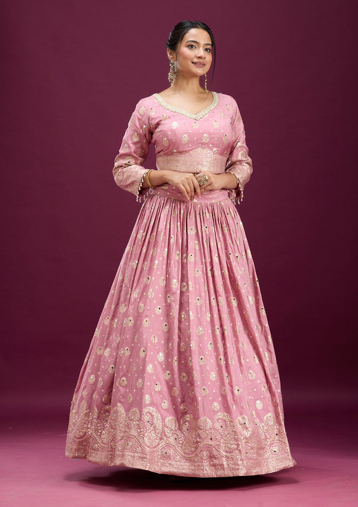 Pink Mirrorwork Soft Raw Silk Readymade Lehenga-Koskii