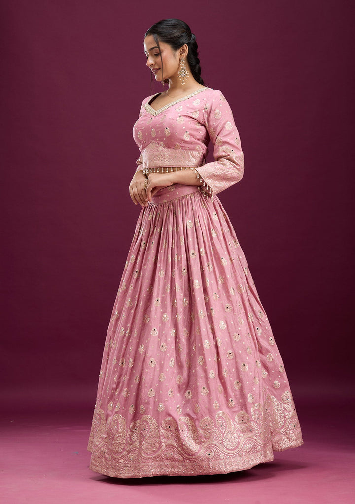 Pink Mirrorwork Soft Raw Silk Readymade Lehenga-Koskii