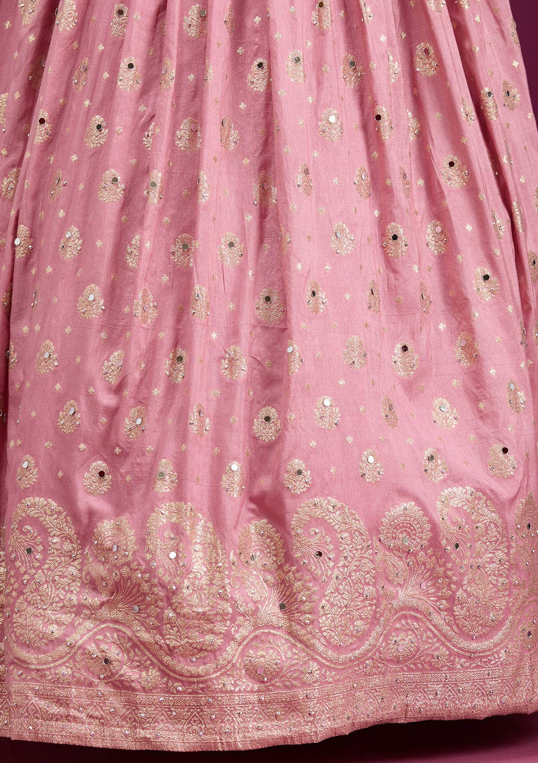 Pink Mirrorwork Soft Raw Silk Readymade Lehenga-Koskii