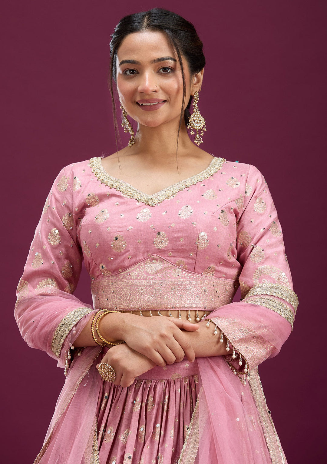 Pink Mirrorwork Soft Raw Silk Readymade Lehenga-Koskii