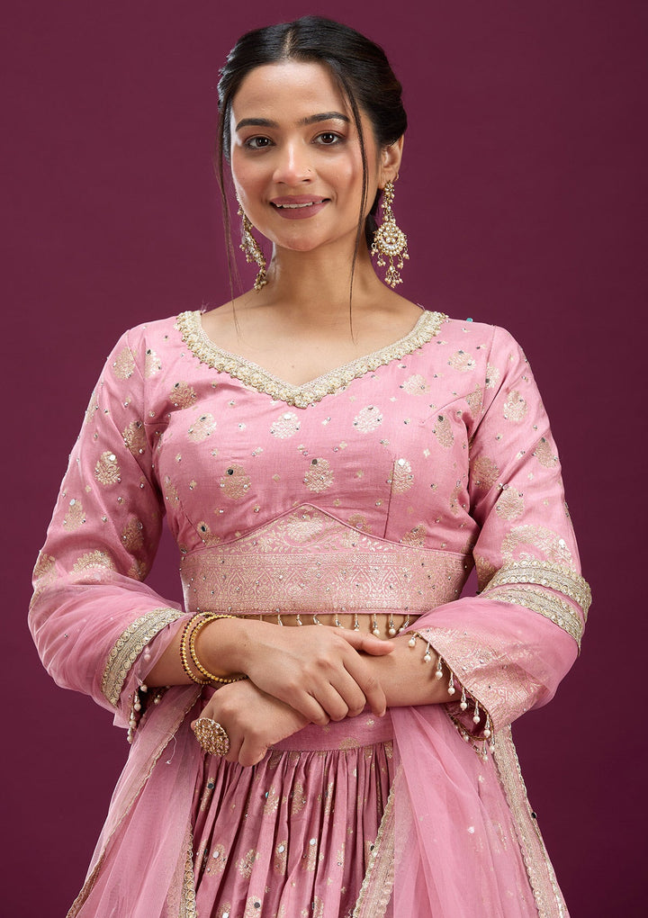 Pink Mirrorwork Soft Raw Silk Readymade Lehenga-Koskii