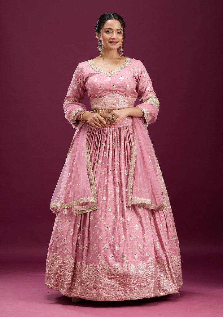 Pink Mirrorwork Soft Raw Silk Readymade Lehenga-Koskii