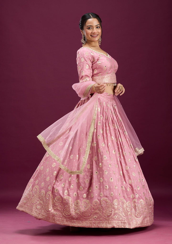 Pink Mirrorwork Soft Raw Silk Readymade Lehenga-Koskii