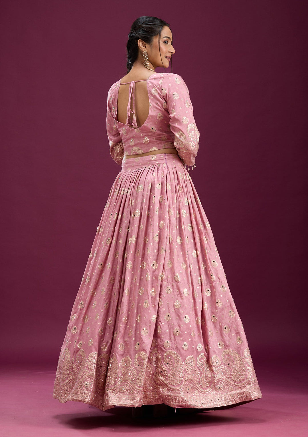 Pink Mirrorwork Soft Raw Silk Readymade Lehenga-Koskii