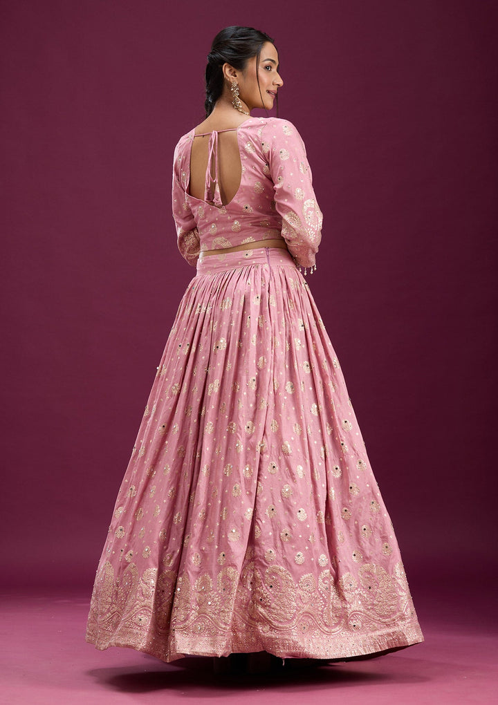 Pink Mirrorwork Soft Raw Silk Readymade Lehenga-Koskii