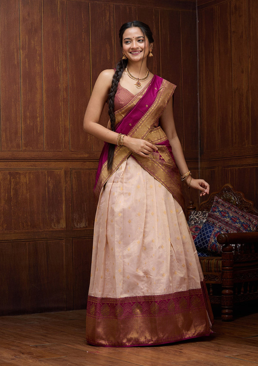 Pink Threadwork Linen Unstitched Salwar Suit-koskii