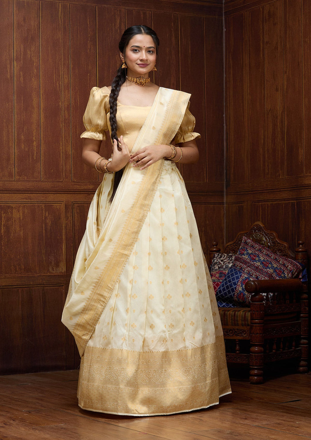 Off White  Banarasi Readymade Lehenga-Koskii