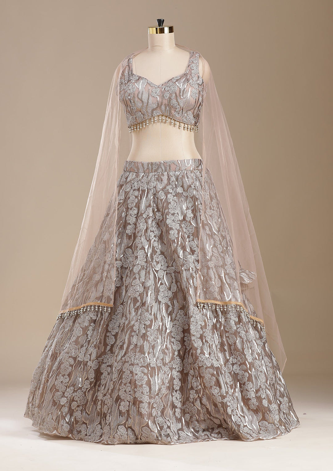 Brown Threadwork Net Readymade Lehenga-koskii