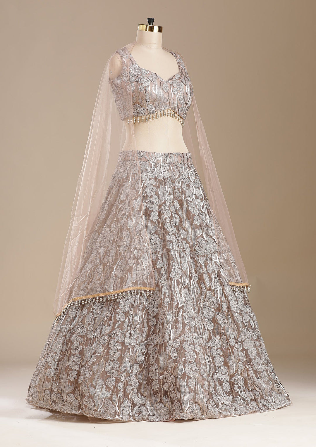 Brown Threadwork Net Readymade Lehenga-koskii