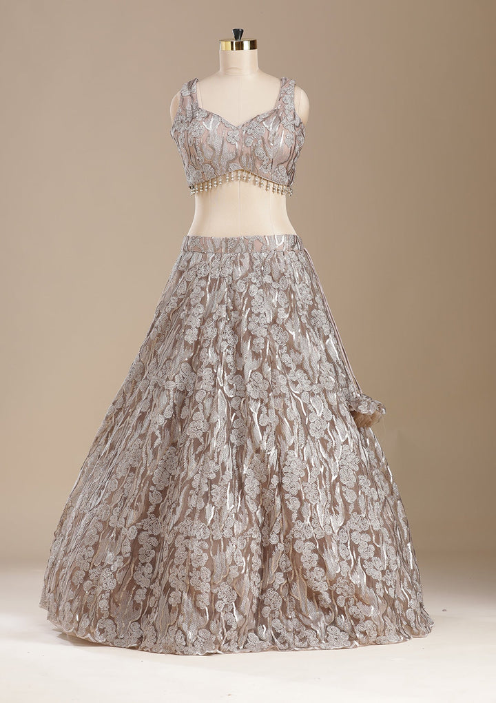 Brown Threadwork Net Readymade Lehenga-koskii