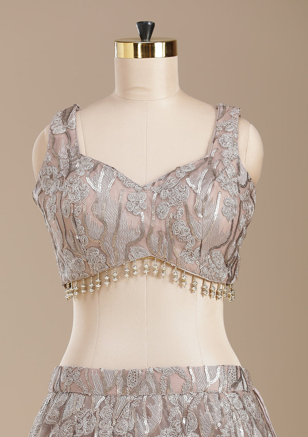 Brown Threadwork Net Readymade Lehenga-koskii