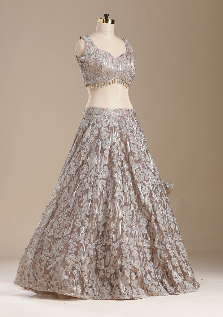 Brown Threadwork Net Readymade Lehenga-koskii