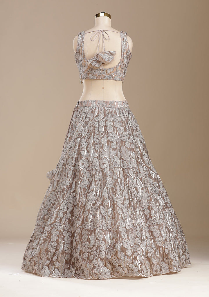 Brown Threadwork Net Readymade Lehenga-koskii