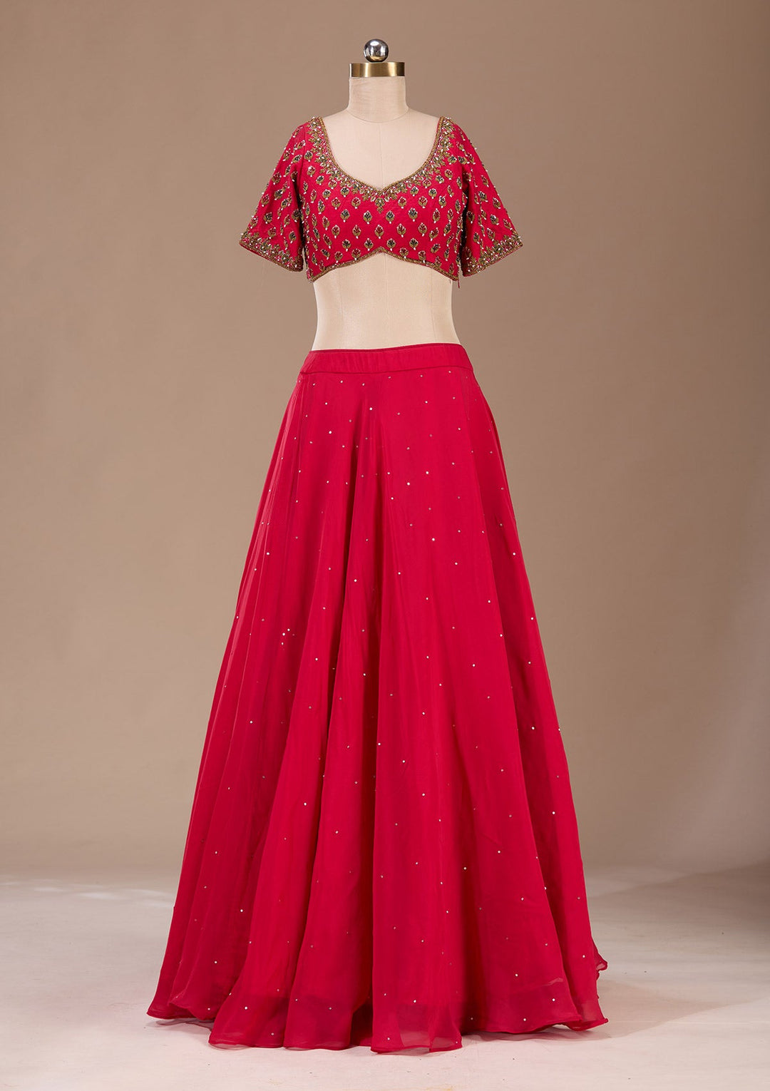 Red Zardosi Raw Silk Readymade Lehenga-Koskii