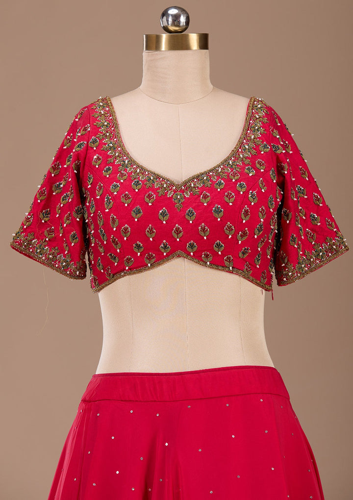 Red Zardosi Raw Silk Readymade Lehenga-Koskii