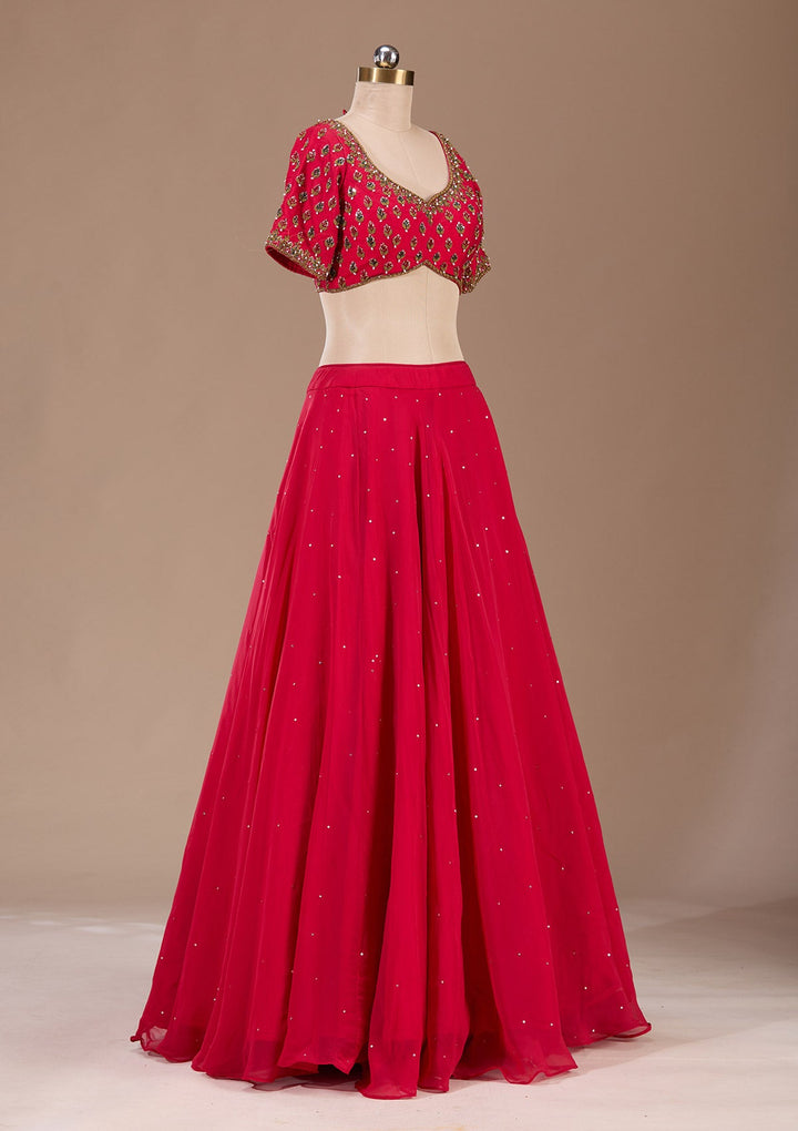 Red Zardosi Raw Silk Readymade Lehenga-Koskii