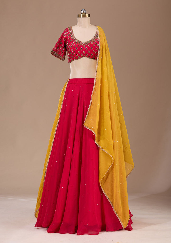 Red Zardosi Raw Silk Readymade Lehenga-Koskii