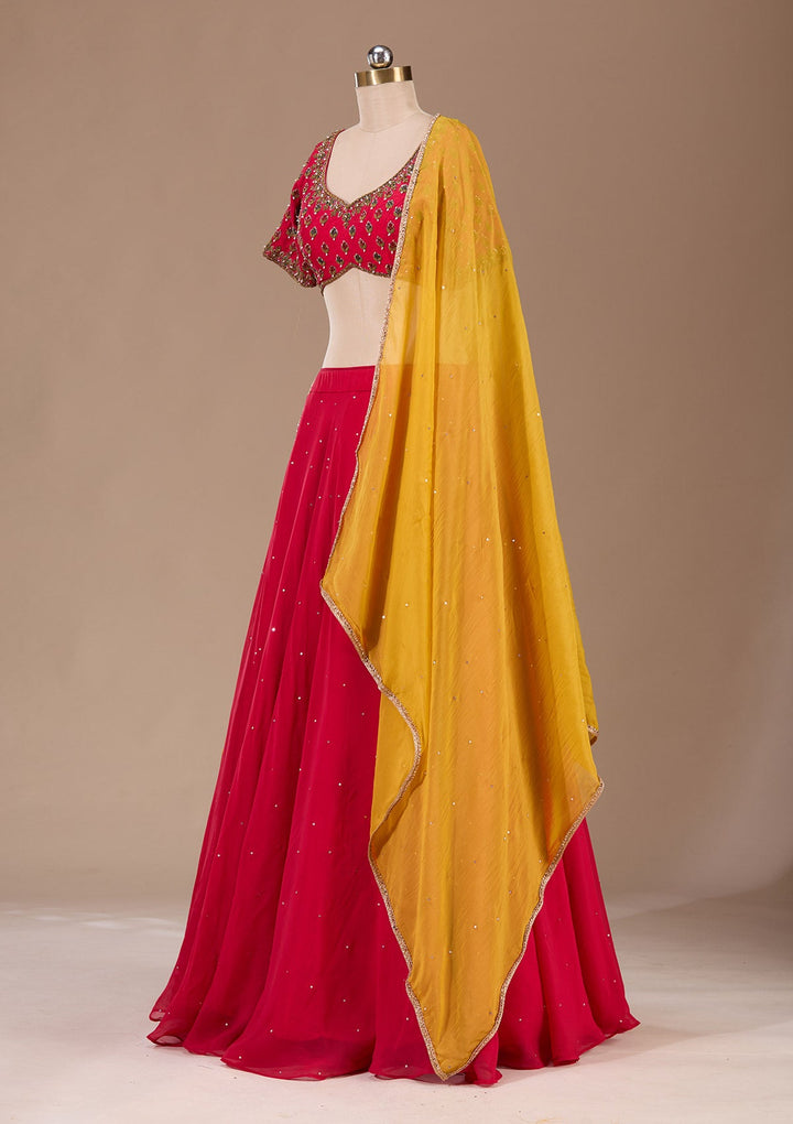 Red Zardosi Raw Silk Readymade Lehenga-Koskii