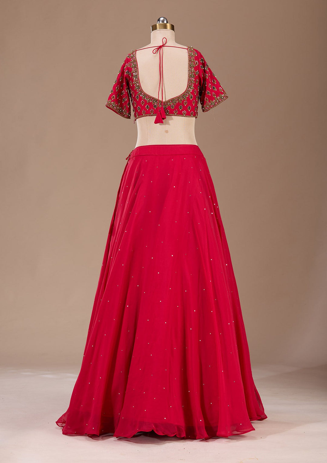Red Zardosi Raw Silk Readymade Lehenga-Koskii