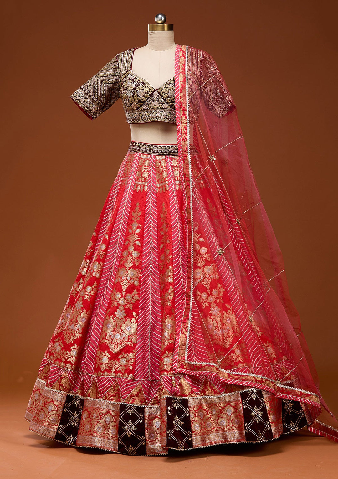 Red Zardosi Brocade Readymade Lehenga_Koskii
