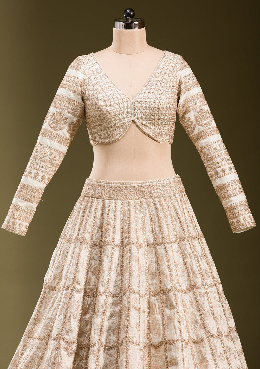 Off White Cording Banarasi Readymade Lehenga-koskii