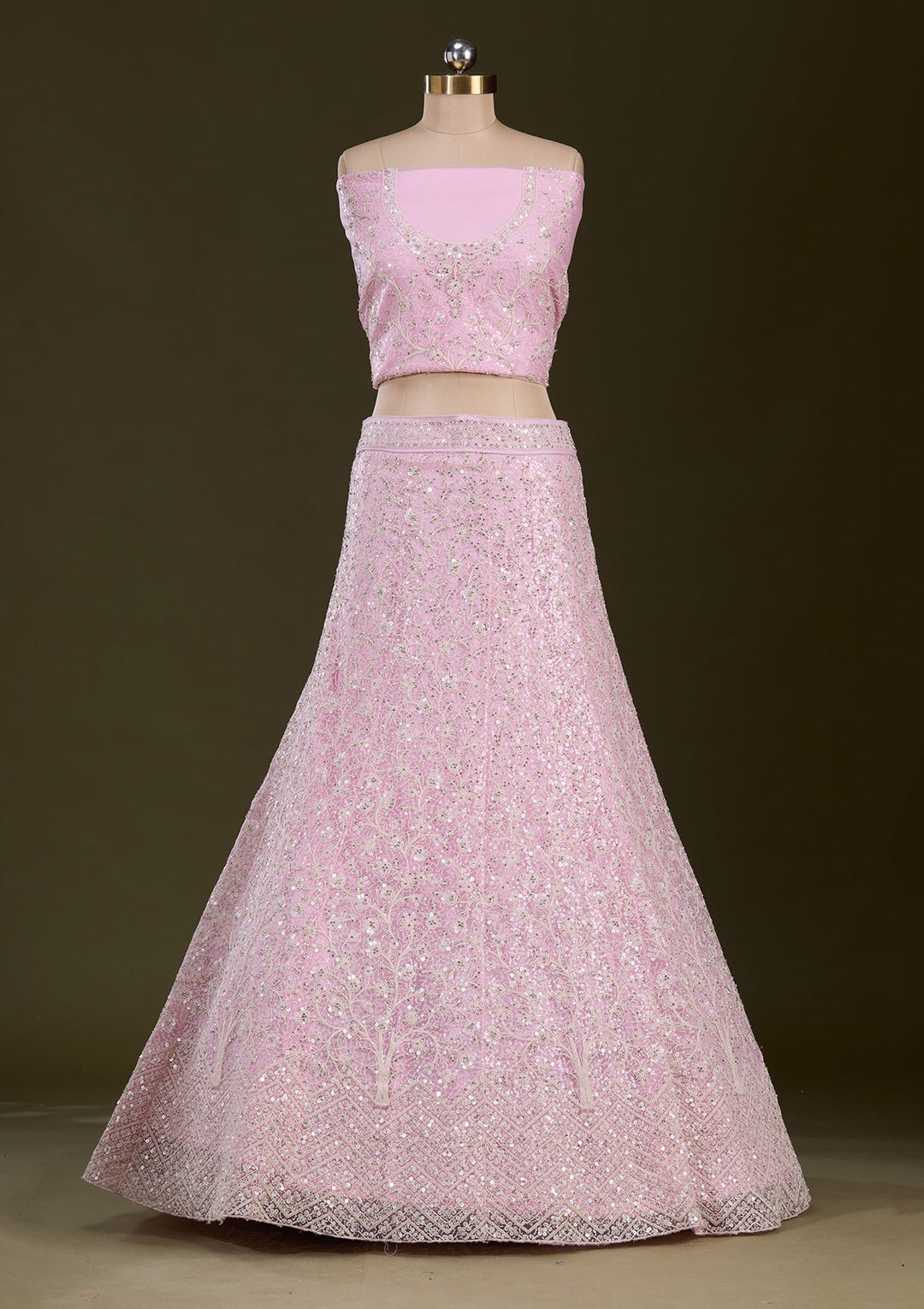 Pink Sequins Net Readymade Lehenga-Koskii