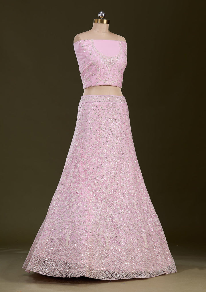 Pink Sequins Net Readymade Lehenga-Koskii