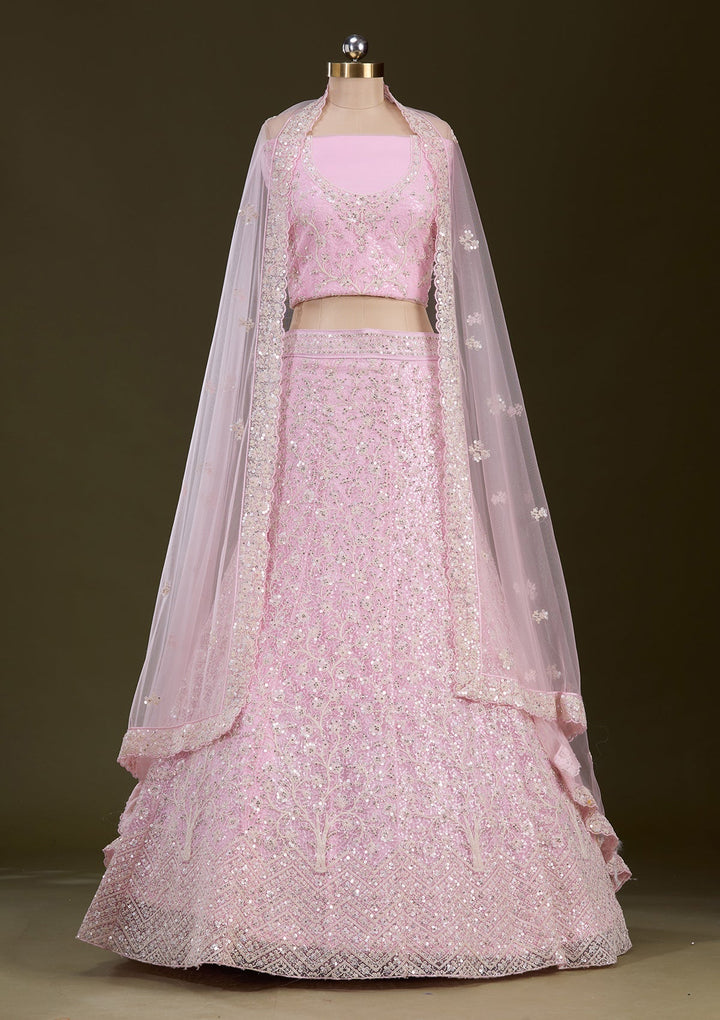 Pink Sequins Net Readymade Lehenga-Koskii