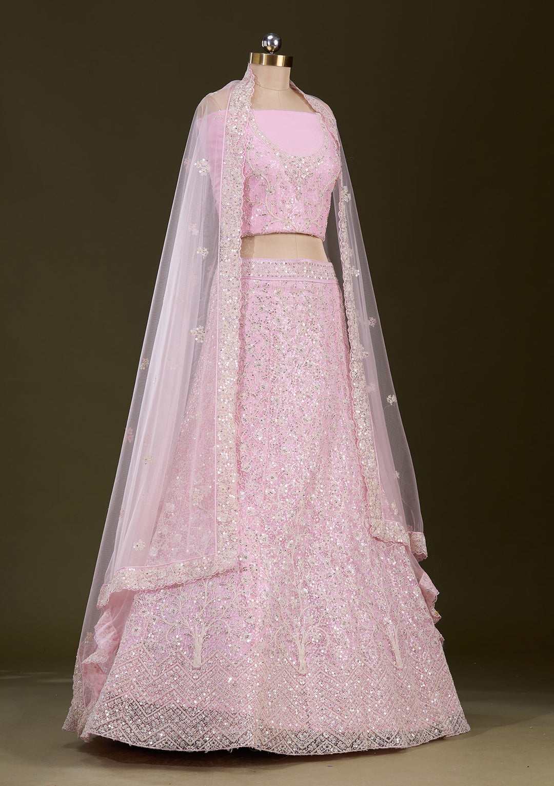 Pink Sequins Net Readymade Lehenga-Koskii