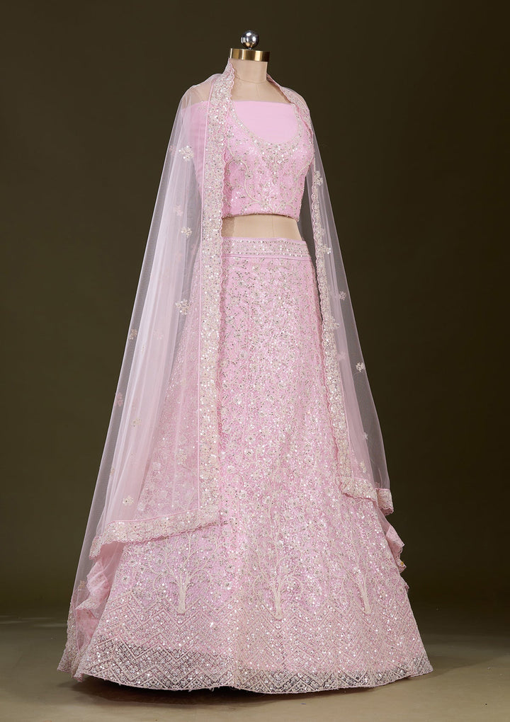 Pink Sequins Net Readymade Lehenga-Koskii