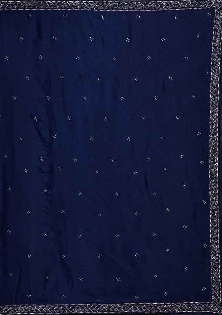 Navy Blue Silver Stonework Semi Crepe Readymade Lehenga-Koskii