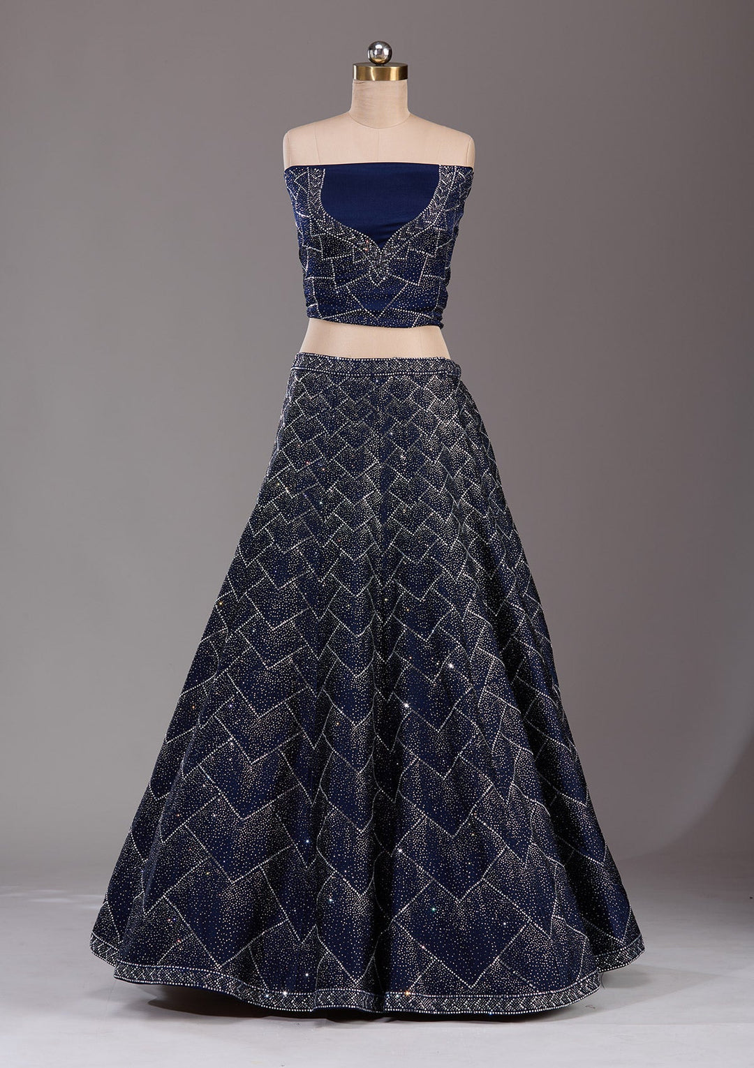 Navy Blue Silver Stonework Semi Crepe Readymade Lehenga-Koskii