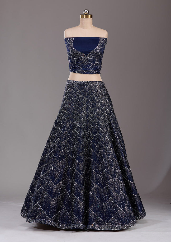 Navy Blue Silver Stonework Semi Crepe Readymade Lehenga-Koskii