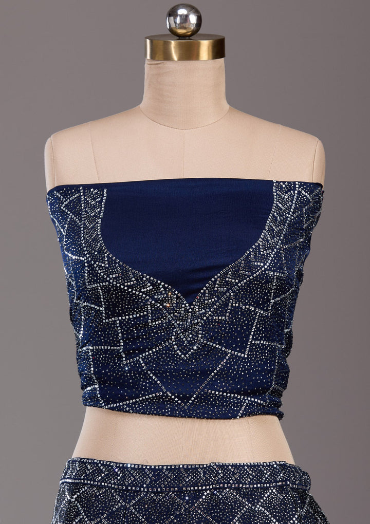 Navy Blue Silver Stonework Semi Crepe Readymade Lehenga-Koskii