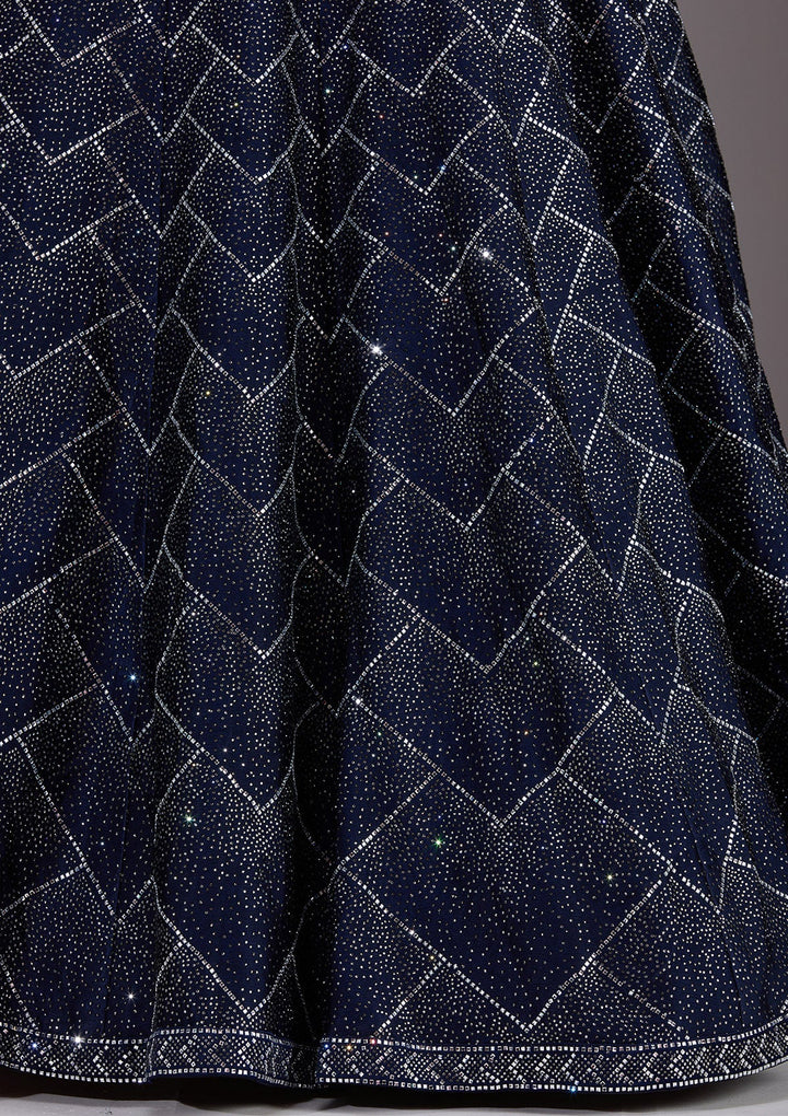 Navy Blue Silver Stonework Semi Crepe Readymade Lehenga-Koskii